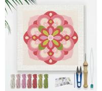 DOODLREAM Rose Mandala Fleur DIY Punch Needle Broderie Kit pour Adulte Débutant 24cm Floral Punch Stitch Craft Set pour Starter avec Cadre, Motif de tissu, Enfileur, Fil, Aiguille de Poinçon