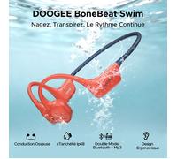 DOOGEE BoneBeat Swim Casque à Conduction Osseuse Écouteur,Stockage MP3 32 Go,Étanche IP68,BT5.4,Oreilles Libres,7h d'autonomie-Rouge