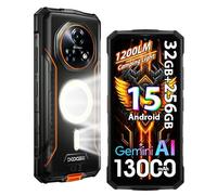 DOOGEE Fire 5 UItra 4G Téléphone Portable Incassable,1200LM Double Camping Lampe,32Go+256Go/2TB,13000mAh 18W Android 15 Smartphone Incassable,6.6" HD+90Hz,48MP AI Caméra,IP68/NFC/3 Slot/OTG (Orange)