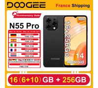 DOOGEE N55 Pro Android 14 Smartphone, 16 Go (6 + 10) RAM 256 Go ROM 5150 mAh 6,56 ''HD + 90 Hz 13 MP Déverrouillage du visage Prise pour écouteurs 3,5 mm noir