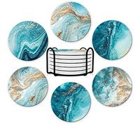 Dooke Lot de 6 dessous de verre pour boissons - Absorbants - Avec support - En céramique avec base en liège - Cadeau de pendaison de crémaillère - Bleu océan