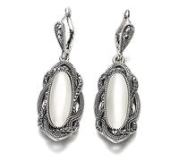 DOOLY Qualité Bohème Noir Pierre Boucle d'oreille Tibétain Argent Mosaïque Gris Cristal Grande Boucle d'oreille Ovale pour Femmes Bijoux Vintage