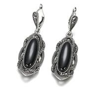 DOOLY Qualité Bohème Noir Pierre Boucle d'oreille Tibétain Argent Mosaïque Gris Cristal Grande Boucle d'oreille Ovale pour Femmes Bijoux Vintage