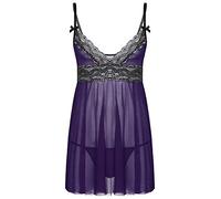 Doomiva 2 Pcs Homme Sexy Robe de Chambre Sissy Lingerie de Nuit Transparent Travesti Sissy Pyjamas Nuisette Dentelle Robe de Nuit et String Ficelle Mini Slip Cospaly Sleepwear M-XXL Violet XXL