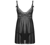 Doomiva 2 Pcs Homme Sexy Robe de Chambre Sissy Lingerie de Nuit Transparent Travesti Sissy Pyjamas Nuisette Dentelle Robe de Nuit et String Ficelle Mini Slip Cospaly Sleepwear M-XXL Noir XXL