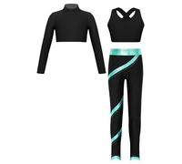 Doomiva 3 Pieces Ensemble Danse Moderne Jazz Fille Haut de Danse Débardeur Sport Yoga Jogger Legging Tenue Danse Enfant 5-16 Ans Noir&Bleu Vert 7-8 ans