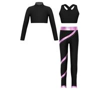 Doomiva 3 Pieces Ensemble Danse Moderne Jazz Fille Haut de Danse Débardeur Sport Yoga Jogger Legging Tenue Danse Enfant 5-16 Ans Noir&Rose 11-12 ans