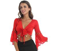 Doomiva Boléro Femme Danse Châle de Danse Orientale Femme Crop Top Femme Court Col V 1/2 Manches de Trompette 2022 Ans Nouveau Style Grande Taille L-3XL Rouge L
