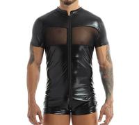 Doomiva Catsuit en Cuir Sexy Hommes Gilet sans Manches en Latex de Conception PU Zipper Vêtements de Fête de Club Adulte Noir XXL