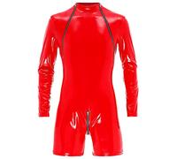 Doomiva Catsuit en Cuir Sexy pour Hommes Combinaison Manches Longues Gilet en Latex de Conception PU Zipper Vêtements de Gilet de Fête de Club Rouge XXL