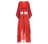 Doomiva Costume 2 Pièces Indien Princesse Danse du Ventre Costume Tenue pour Femmes avec Gilet et Jupe Lanterne Rouge 3XL