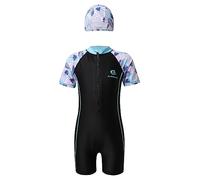 Doomiva Maillot de Bain Enfant Fille Garcon Maillots 1 pièce avec Bonnet de Bain Combinaison Shorty Manches Courtes Combinaison de Plage 7-12 Ans Noir 13-14 Ans
