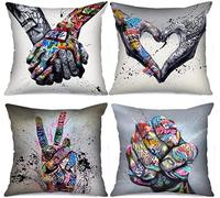 Dooqon Housse de Coussin 65x65cm Extérieur Imperméable Respirant Doux Graffiti Motif Canapé Décoratif Taie d'oreiller pour Patio Chambre Jardin Salon Maison Décor Coussin, Lot de 4 coloré A-5352