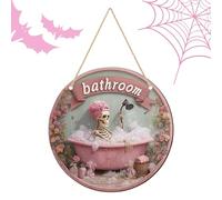 Door Sign, Halloween Decor, Skeleton Wood Ornament, Hangable Round Plate Prop 7.87x7.87 Inches for Front, Indoor Wall, Outdoor Window, Farmhouse Mantel, Fence, Spooky Holiday Scene Decoration Display
