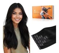 DOORES Clip in Extensions Echthaar, Tief Schwarz 45cm 7 Stück 130g Kalte Fusion Haarverlängerung