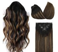 DOORES Clips Cheveux Cheveux Naturel, Noir Naturel Mélangé à Brun Châtain 50cm 20 Pouces 7 pièces 120g Vrai Cheveux Humain Remy Extensions Cheveux Naturels à Clip Cheveux Droits Cheveux