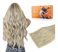 DOORES Extension à Clip Sans Couture, Blond Cendré Blond Platine Surligné 50cm 20 Pouces 7 pièces 110g Vrai Cheveux Humain Remy Extensions Cheveux Naturels à Clip Extension Humains