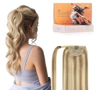 DOORES Extensions de cheveux humains Remy lisses en forme de queue de cheval, balayage, blond foncé, surbrillants, blond pâle, 50 cm, 90 g