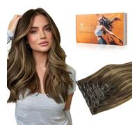 DOORES Lot de 7 extensions capillaires à clip, en cheveux humains Remy, 50 cm, 130 g, marron chocolat à blond caramel