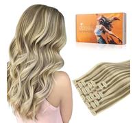 DOORES Remy Lot de 7 extensions de cheveux humains à clip, marron clair surligné, blond moyen sans couture, 50 cm, 130 g, sans couture,