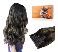 DOORES Remy Lot de 7 extensions de cheveux humains à clips - Noir naturel à blond clair - 40 cm - 130 g