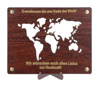 DOPENSPI Cadeau en argent de mariage en bois avec support - 19,5 x 15,5 cm - Carte du monde - Cadeau de voyage - Cadeau de mariage pour couple de mariés - Carte de mariage - Emballage avec décoration