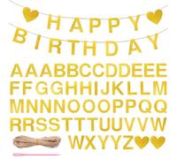 DOPENSPI Guirlande Happy Birthday, bannière DIY Happy Birthday, guirlande dorée 54 lettres avec 10 m de corde de jute pour anniversaire, fête, décoration avec aiguilles en plastique, bannière