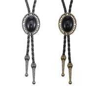 DOPENSPI Lot de 2 cravates bolo pour homme - Collier de forme ronde - Noir - Cowboy marron - En cuir - Pendentif Rodéo pour