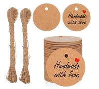 DOPENSPI Lot de 200 étiquettes cadeaux en papier kraft faites à la main avec amour avec 40 mètres de cordon de jute de 3 cm - Étiquettes rondes en papier cadeau - Étiquettes à suspendre décoratives