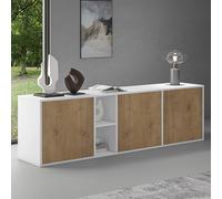 doporro Buffet Bas 180 cm Commode Meuble de Rangement Blanc Mat et Chêne Clair Suspendu ou Sur Pied Placard Salon Salle à Manger 3 Portes Schrank02