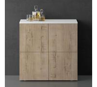 doporro Buffet Commode 76cm Meuble de Rangement Blanc Mat et Chêne Grège Placard Salon Salle à Manger 4 Portes Schrank04