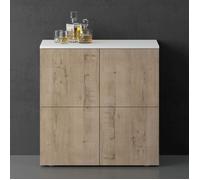 doporro Buffet Commode 76cm Meuble de Rangement Blanc Mat et Chêne Grège Placard Salon Salle à Manger 4 Portes Schrank04