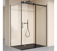 doporro Cabine de Douche en Angle 90x110x195cm Porte Coulissante | Verre de Sécurité Transparent 8mm, Profilé Noir, Montage Réversible, avec Amortisseur, Ravenna19K