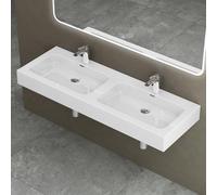 doporro Double Lavabo à Poser Blanc 140cm Vasque pour 2 Lave Mains pour Salle de Bains 140x48x13 Colossum830