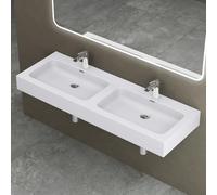 doporro Double Lavabo à Poser Blanc Mat 140cm Vasque pour 2 Lave Mains pour Salle de Bains 140x48x13 Colossum830