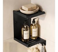 doporro Étagère de Douche d'Angle Murale, sans Perçage ou à Visser, Rangement de 2 Niveaux avec 3 Crochets, Serviteur de Douche Noir, pour Salle de Bain Cuisine, Reglo-14