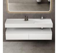 doporro Meuble de Salle de Bain Blanc Mat Ensemble de 2 Pièces Meuble avec Lavabo 150cm Design Up avec 2 Grands Tiroirs