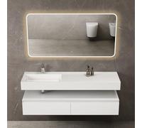 doporro Meuble de Salle de Bain Blanc Mat Ensemble de 3 Pièces Meuble avec Lavabo 150cm et LED Miroir Design Up avec 2 Grands Tiroirs