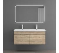 doporro Meuble de Salle de Bain Chêne Clair Ensemble de 3 Pièces Meuble avec Lavabo 120cm et Miroir LED Design Botanica avec 2 Grands Tiroirs
