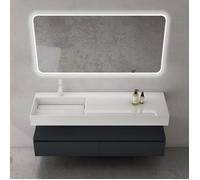 doporro Meuble de Salle de Bain Gris Noir Mat Ensemble de 3 Pièces Meuble avec Lavabo 150cm et LED Miroir Design Up avec 2 Grands Tiroirs