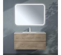 doporro Meuble de Salle de Bain Suspendu 100x48x50cm Ensemble de 3 Pièces | Chêne Clair, avec Lavabo en Solid Surface et Miroir LED, Design Aqualis