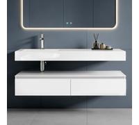 doporro Meuble de Salle de Bain Suspendu 150cm Ensemble de 2 Pièces | Blanc Mat, avec Lavabo en Solid Surface, avec 2 Grands Tiroirs, Design Up