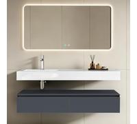 doporro Meuble de Salle de Bain Gris Noir Mat Ensemble de 3 Pièces Meuble avec Lavabo 150cm et LED Miroir Design Up avec 2 Tiroirs