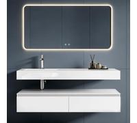 doporro Meuble de Salle de Bain Suspendu 150cm Ensemble de 3 Pièces | Blanc Mat, avec Lavabo en Solid Surface et Miroir, avec 2 Grands Tiroirs, Design Up