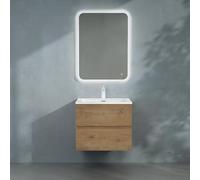 doporro Meuble de Salle de Bain Suspendu 80x48x50cm Ensemble de 3 Pièces | Aspect de Chêne, avec Lavabo en Solid Surface et Miroir LED, Design Aqualis