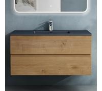 doporro Meuble de Salle de Bain Suspendu Aspect de Chêne 100x48x50cm Ensemble de 2 Pièces Meuble avec Lavabo Gris Noir Mat Solid Surface Design Aqualis