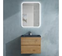 doporro Meuble de Salle de Bain Suspendu Aspect de Chêne 60x48x50cm Ensemble de 3 Pièces Meuble avec Lavabo Gris Noir Mat Solid Surface et LED Miroir Design Aqualis