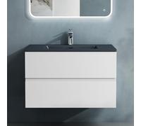 doporro Meuble de Salle de Bain Suspendu Blanc Mat 80x48x50cm Ensemble de 2 Pièces Meuble avec Lavabo Gris Noir Mat Solid Surface Design Aqualis