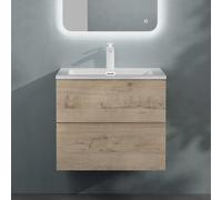 doporro Meuble de Salle de Bain Suspendu Chêne Clair 60x48x50cm Ensemble de 2 Pièces Meuble avec Lavabo Solid Surface Design Aqualis