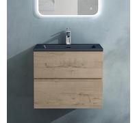 doporro Meuble de Salle de Bain Suspendu Chêne Clair 60x48x50cm Ensemble de 2 Pièces Meuble avec Lavabo Gris Noir Mat Solid Surface Design Aqualis